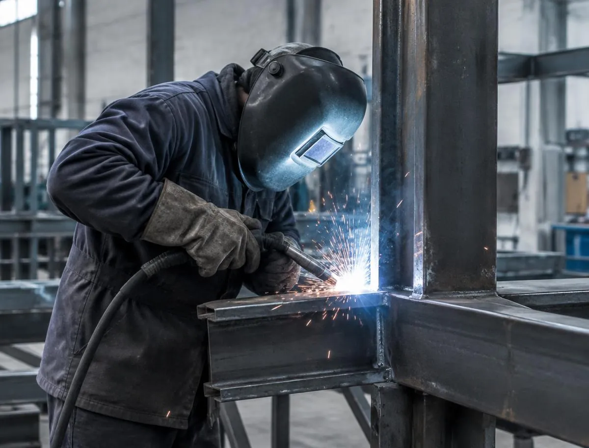 Soldador fabricando estrutura metálica em oficina industrial