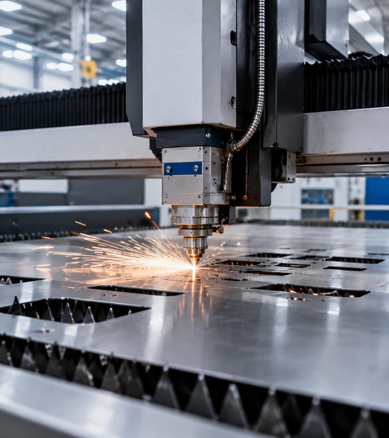 Máquina de corte a laser CNC cortando chapa metálica em ambiente industrial