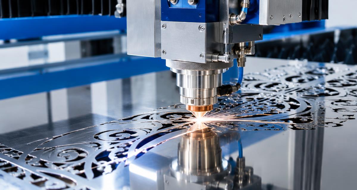 Imagem ilustrativa: cabeçote laser cortando desenho em chapa de inox