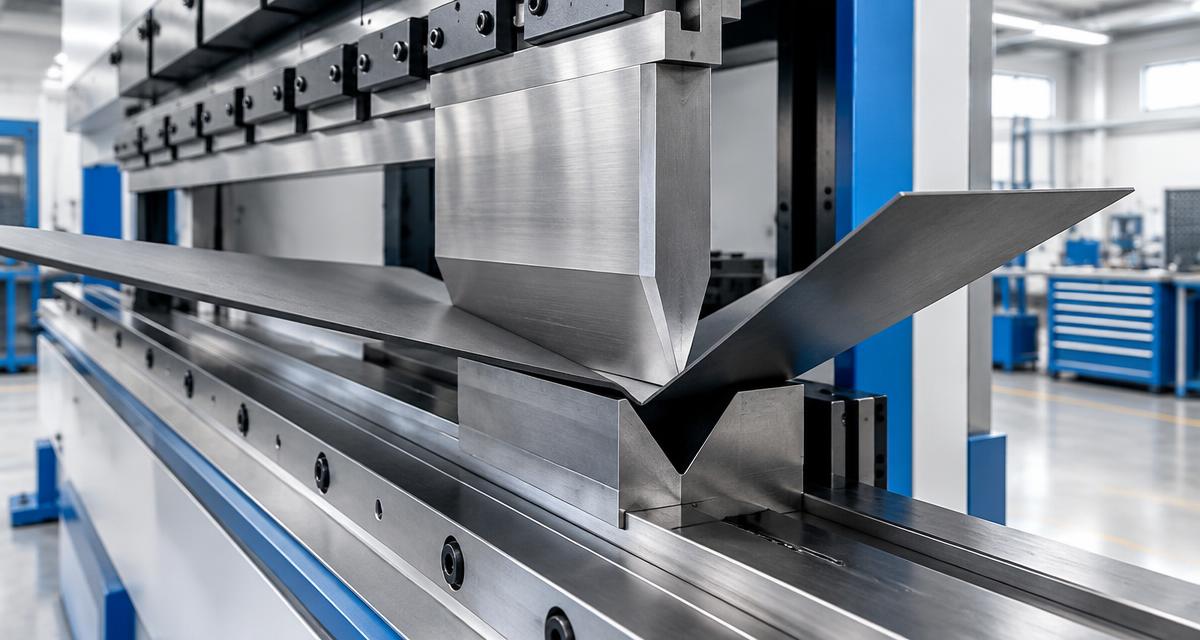 Imagem ilustrativa de dobradeira CNC conformando chapa de aço carbono.