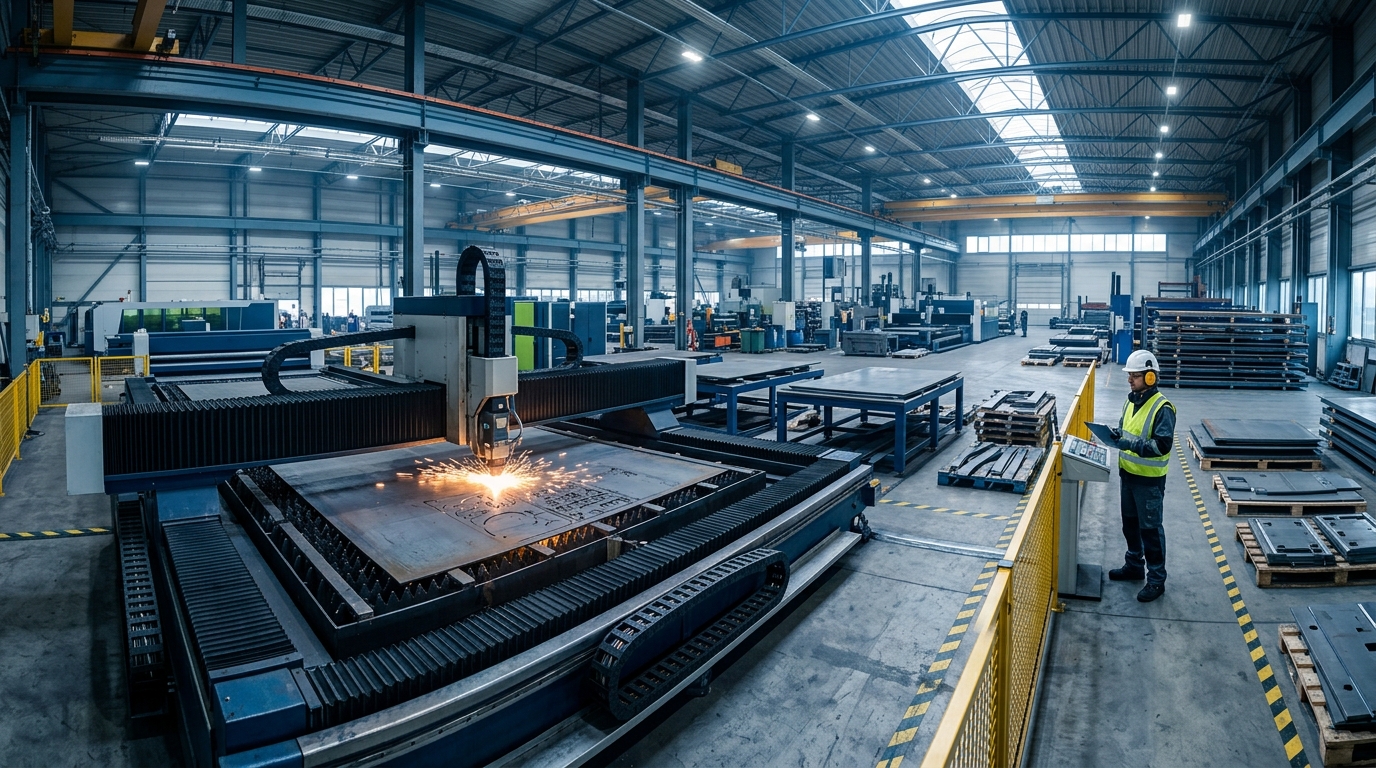 Equipamento industrial de corte a laser processando chapas metálicas para fabricação de componentes de precisão