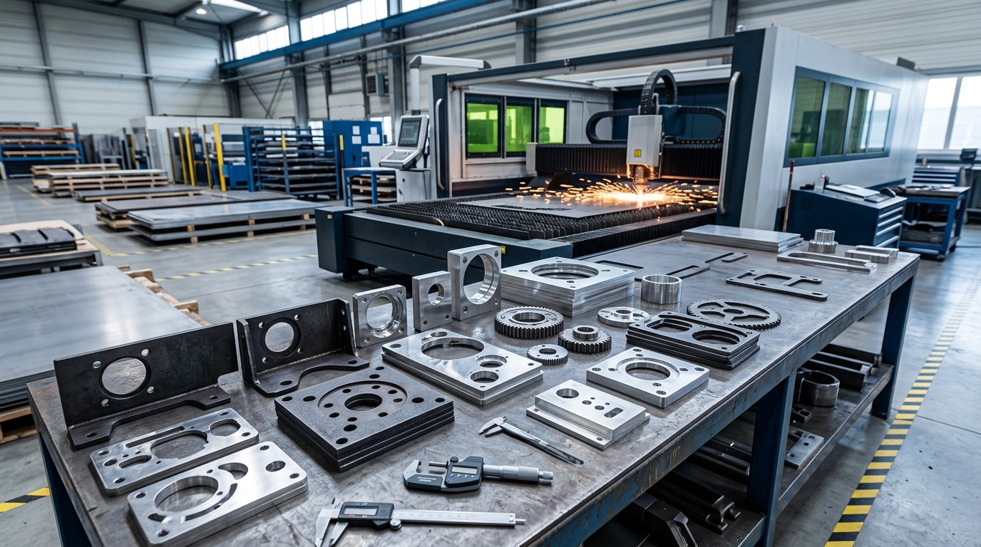 Máquina industrial de corte a laser processando chapa de metal para fabricação de peças sob medida
