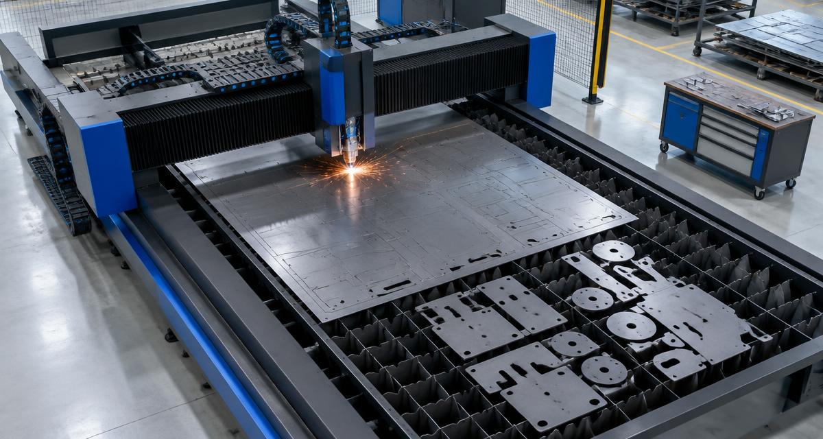 Imagem ilustrativa: máquina de corte a laser cortando chapa de aço