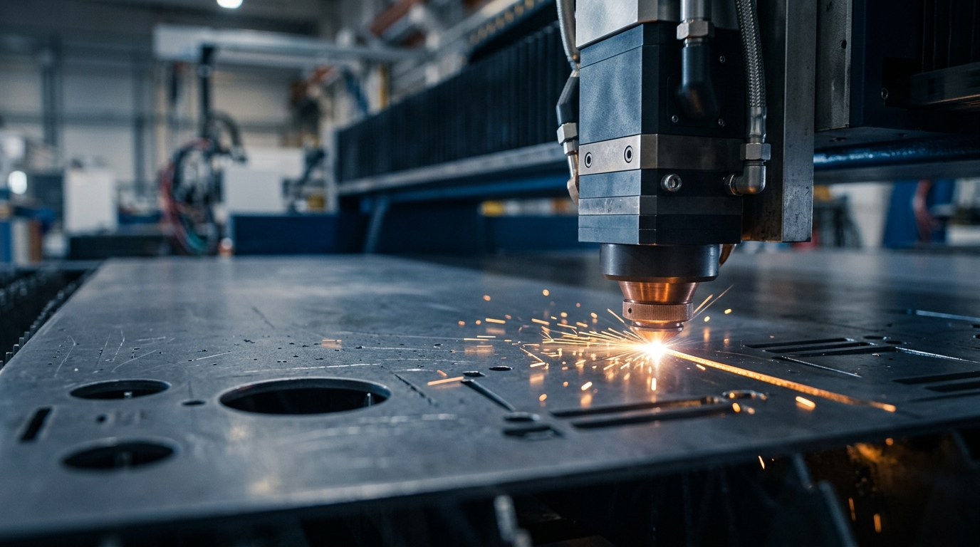 Processo industrial de corte a laser de chapas com peças metálicas recortadas em diferentes formatos
