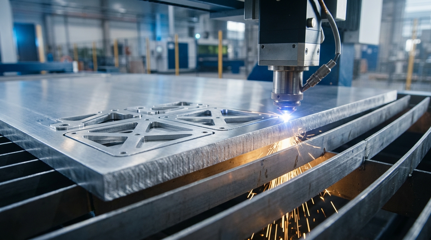 Chapa de alumínio de 8 mm sendo processada por máquina industrial de corte a laser de precisão