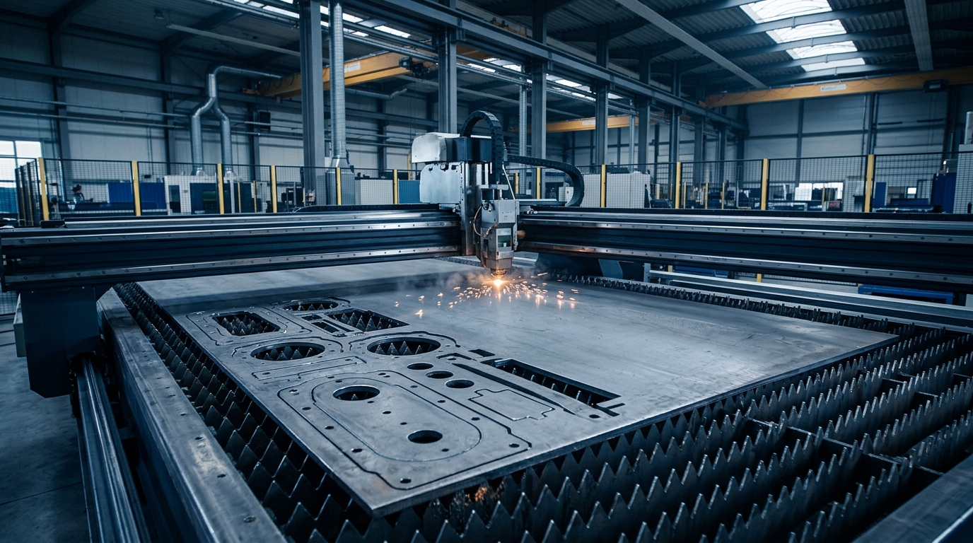Chapa de aço sendo cortada por máquina de corte a laser industrial de alta precisão