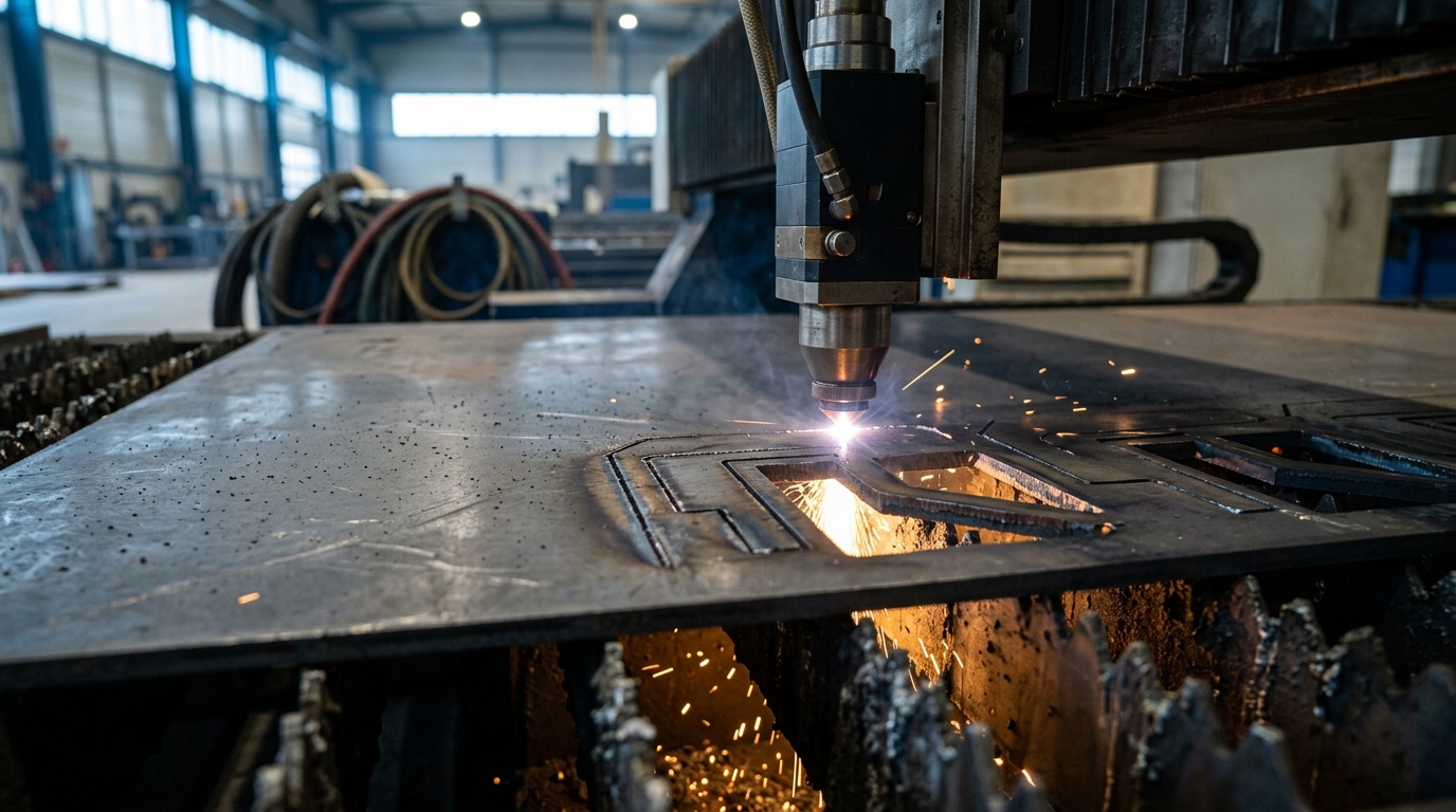 Corte a laser industrial em chapa de aço carbono para fabricação de peças metálicas