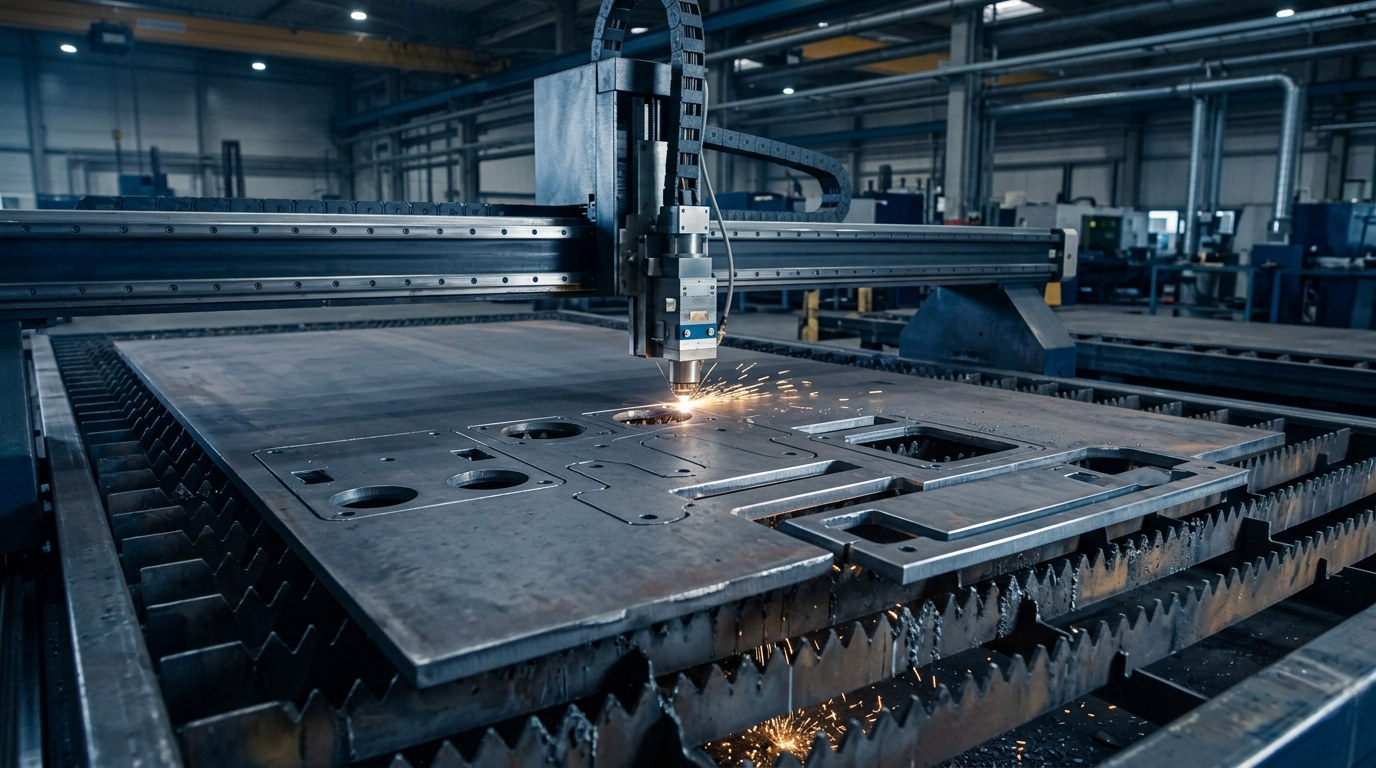 Máquina de corte a laser industrial realizando recortes precisos em chapa de aço para fabricação de peças