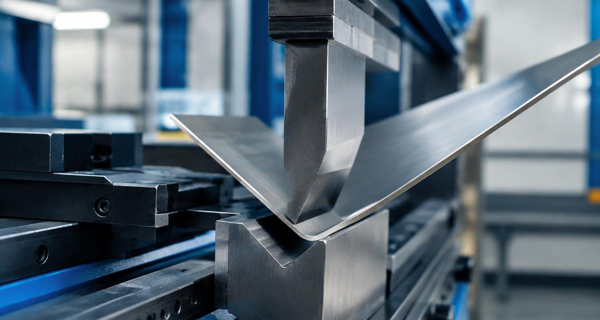Imagem ilustrativa: punção e matriz de dobradeira CNC dobrando chapa de inox