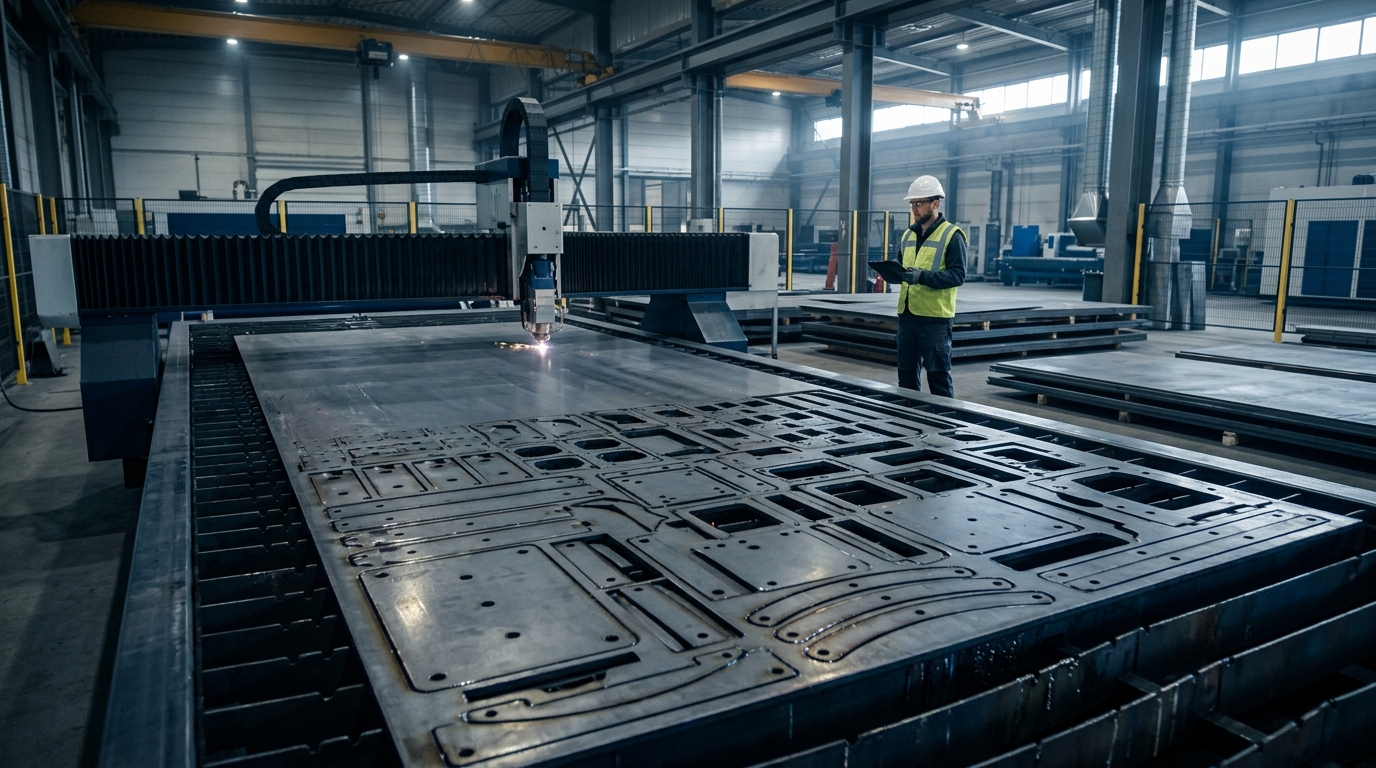 Máquina de corte a laser industrial realizando cortes de precisão em chapas metálicas