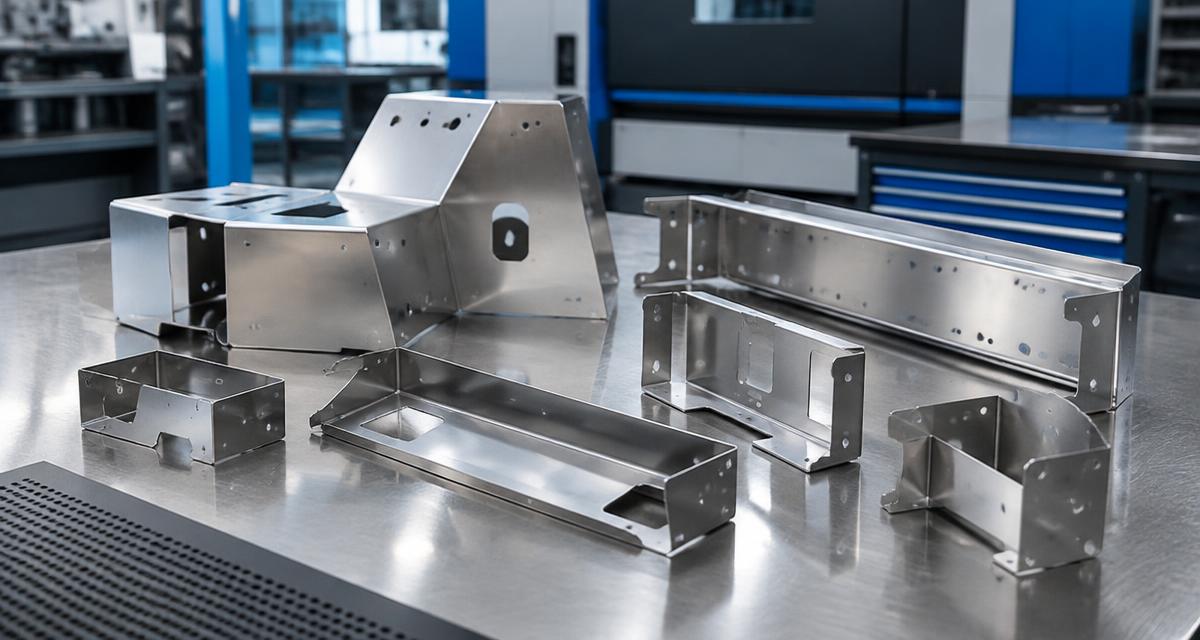 Imagem ilustrativa: peças de chapa inox cortadas e dobradas sobre bancada